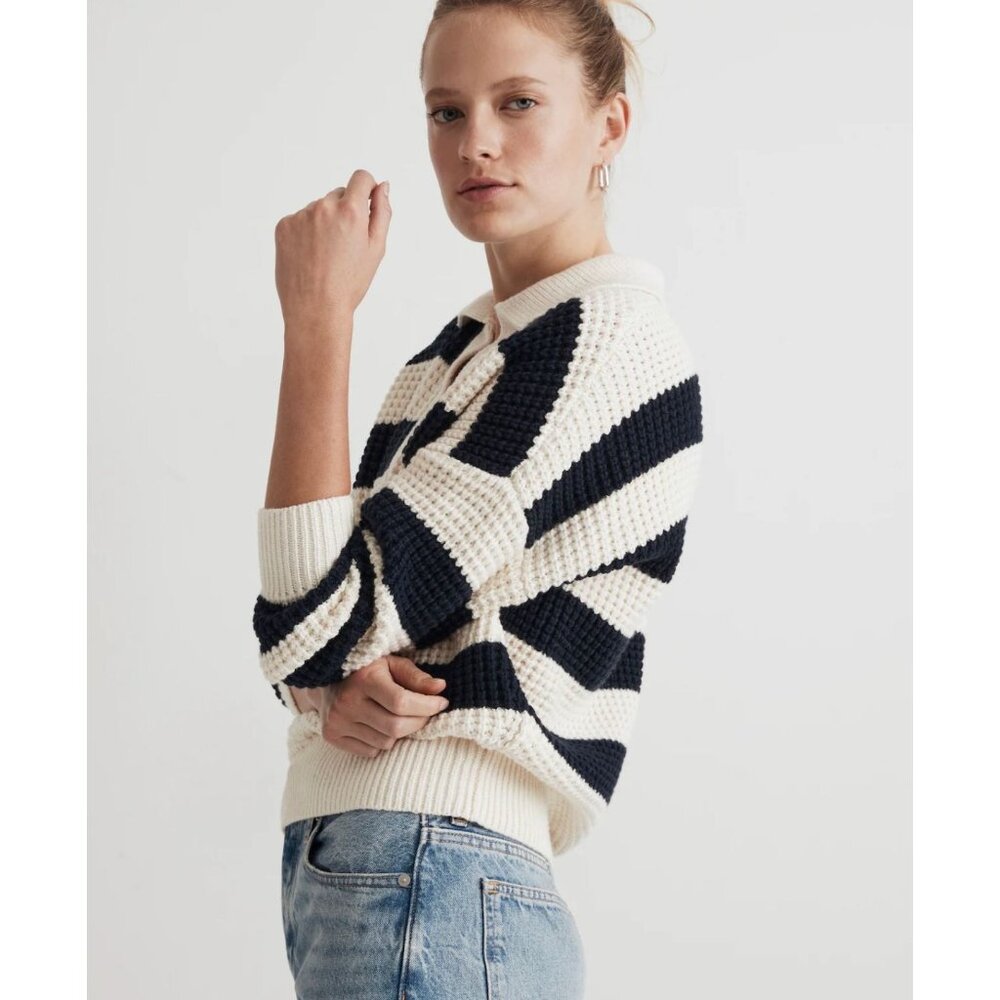 Madewell Waffle-Knit Henley Sweater Blue Ivory Stripe-sz Small - Picture 3 of 9